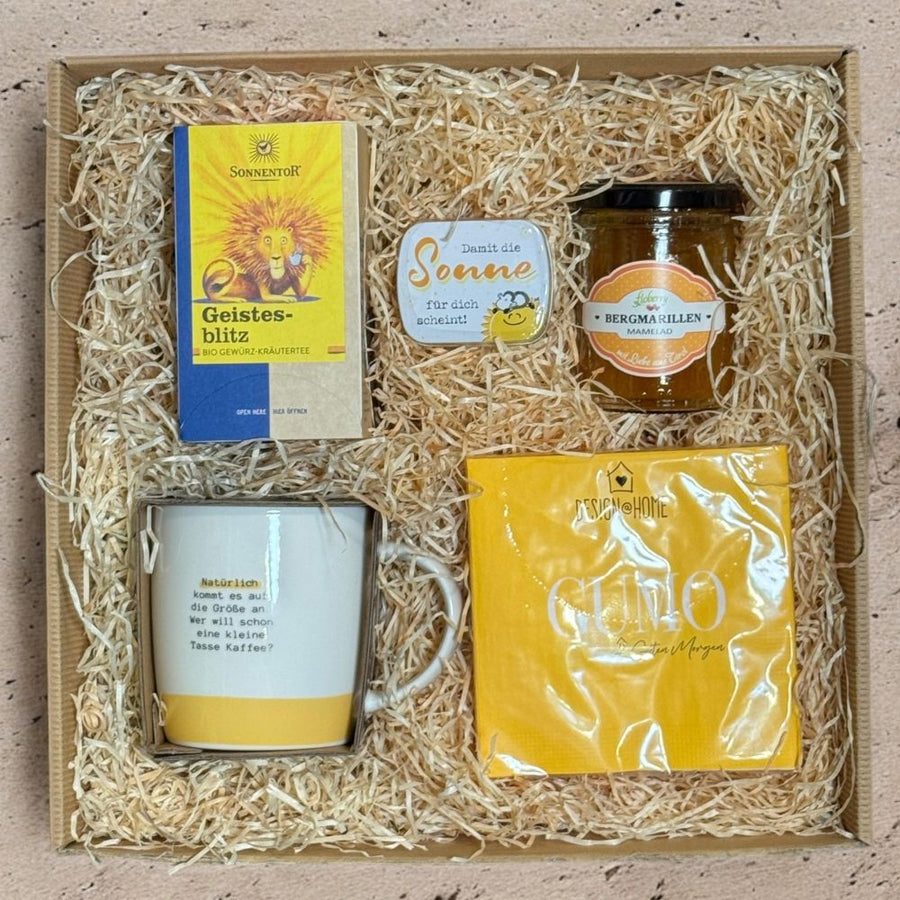 Tee Geschenkset für Männer mit Tasse Geistesblitz Tee und Marmelade in Geschenkbox