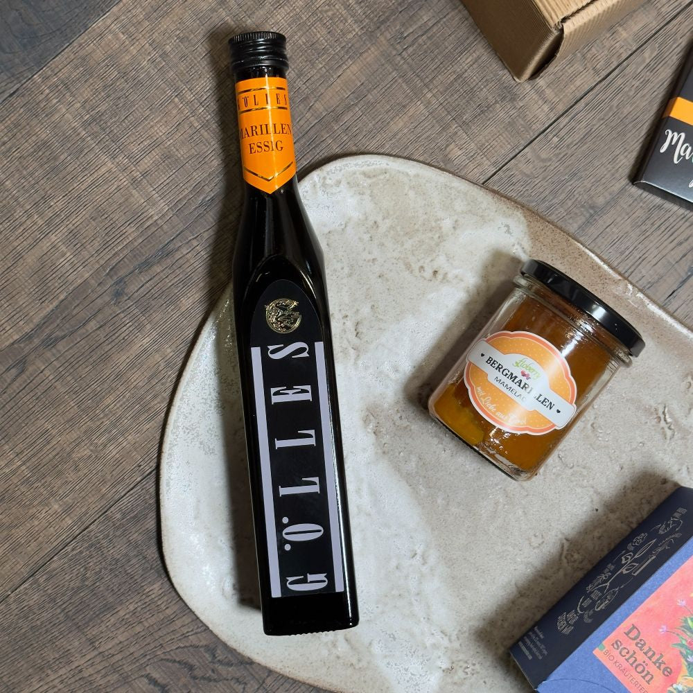 Marillen Geschenkbox mit Essig Marmelade und Schokolade