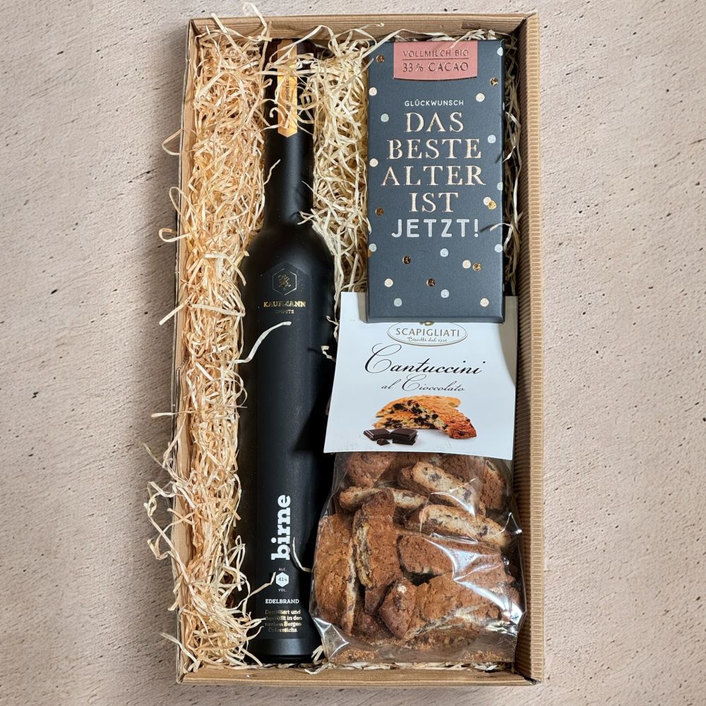 Edelbrand Geschenkbox Kaufmann Birne Schokolade