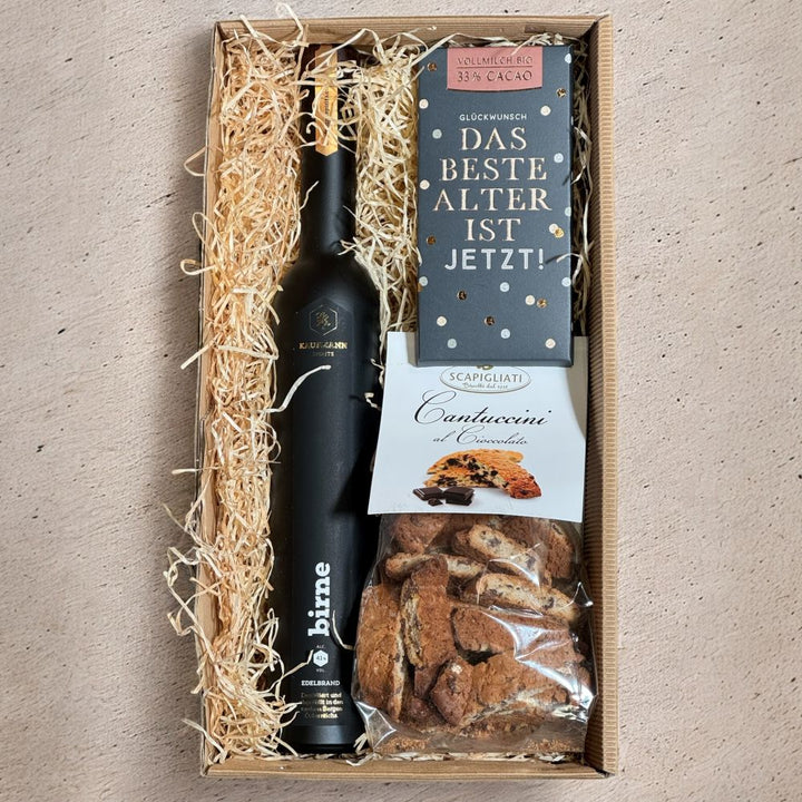 Edelbrand Geschenkbox Kaufmann Birne Schokolade