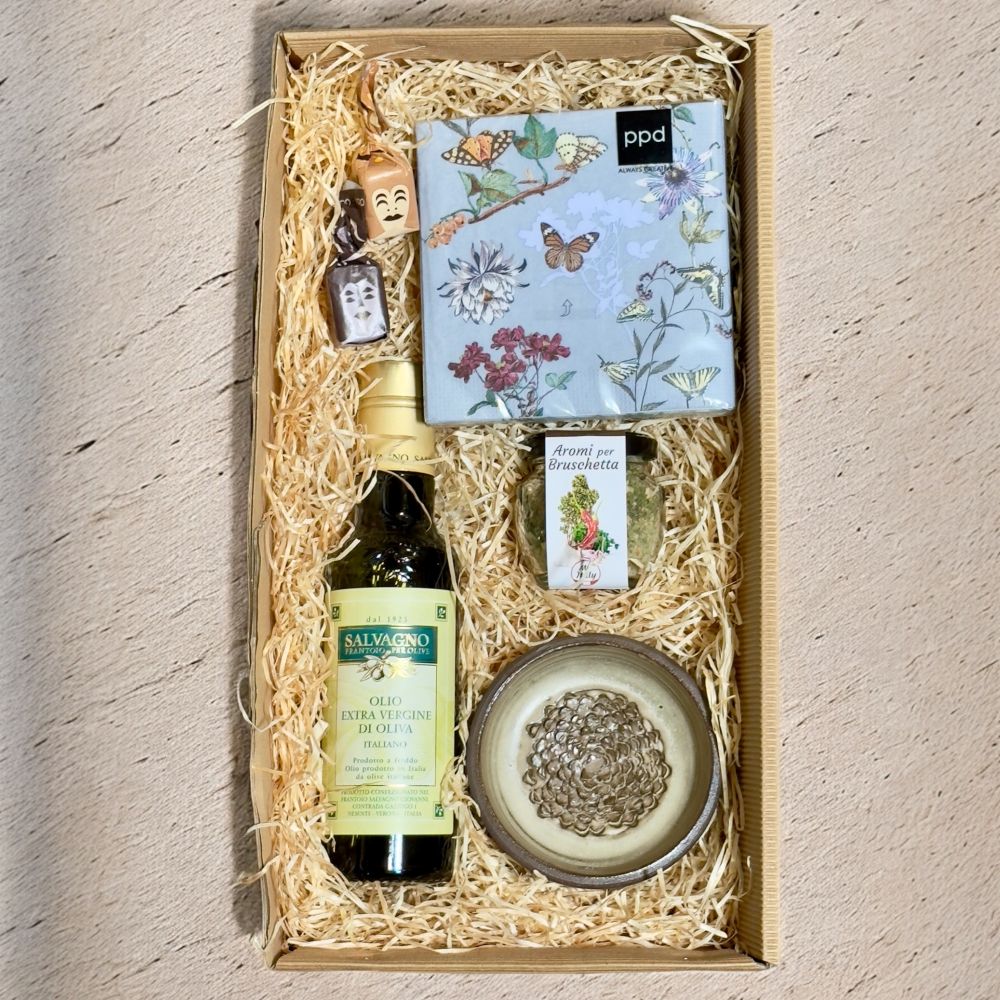 Genussbox "Bruschetta & Keramikzauber" - Mediterrane Handwerkskunst