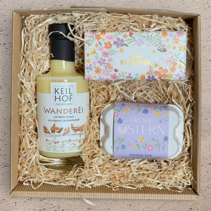 Ostern Geschenkbox mit Eierlikör Schoko Ostergrüße Gold und Schoko-Eiern Frohe Ostern im Eierkarton